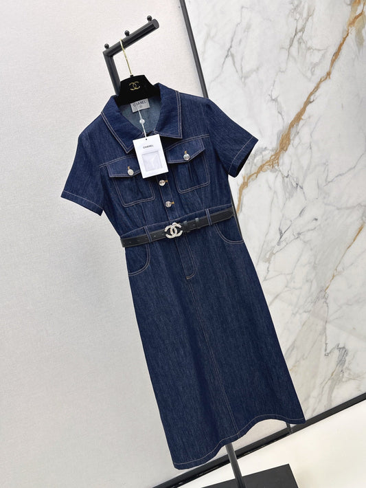 Cel* 25ss belted denim mini dress with buttons