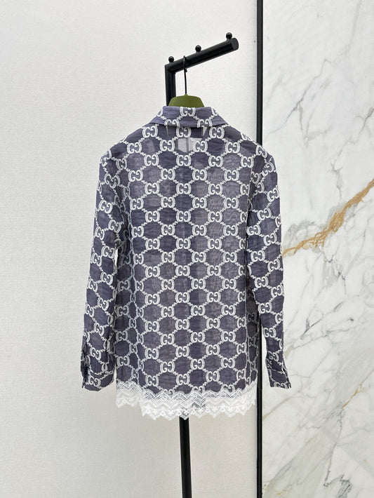 Gu* 25ss GG jacquard lace trim shirt