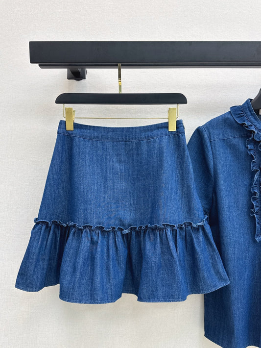 Valen* 25ss ruffiled denim shirt and mini skirt set