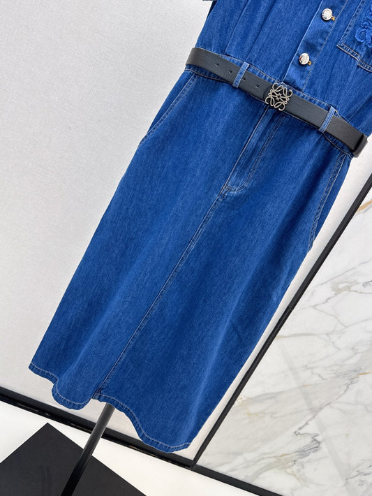Loe* button belted denim dress