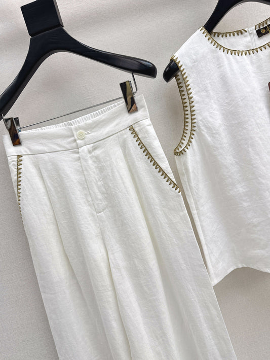 Lor*P new embroidered trim vest and pants set