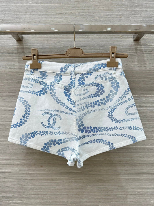 C*nel 25ss pearl chain printed denim shorts