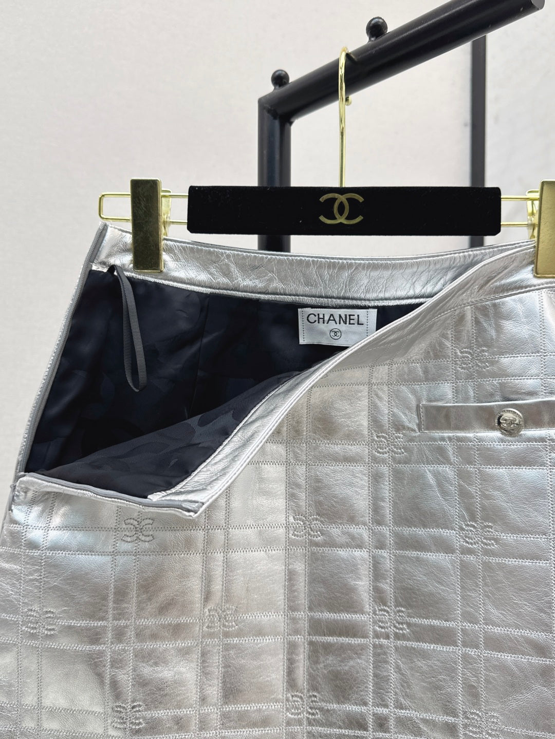 C*nel embossed check leather miniskirt