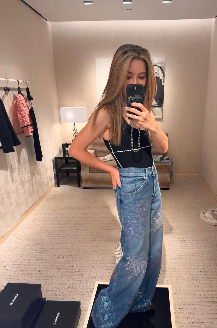 C*nel 25ss rhinestone feather motif jeans