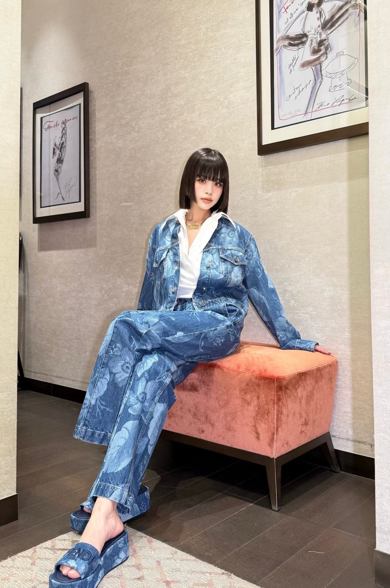 Fd* 25ss floral print denim pants