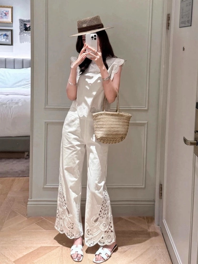 Lor*P 25ss hollow floral embroidered vest and pants set