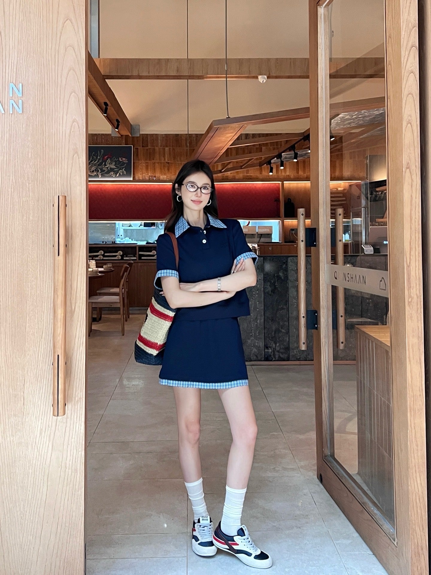 M*u 25ss Plaid lapel top + mini skirt suit