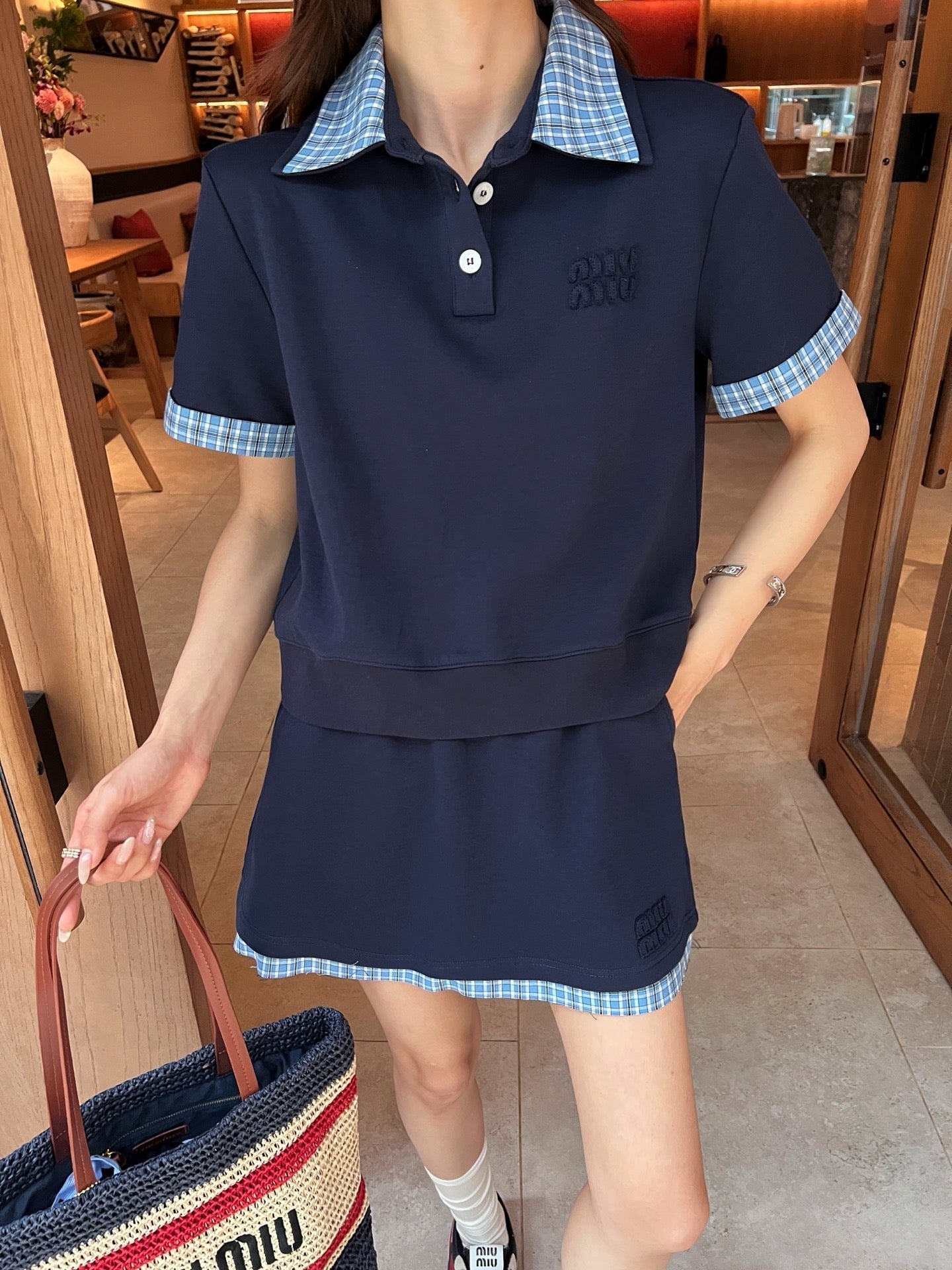 M*u 25ss Plaid lapel top + mini skirt suit