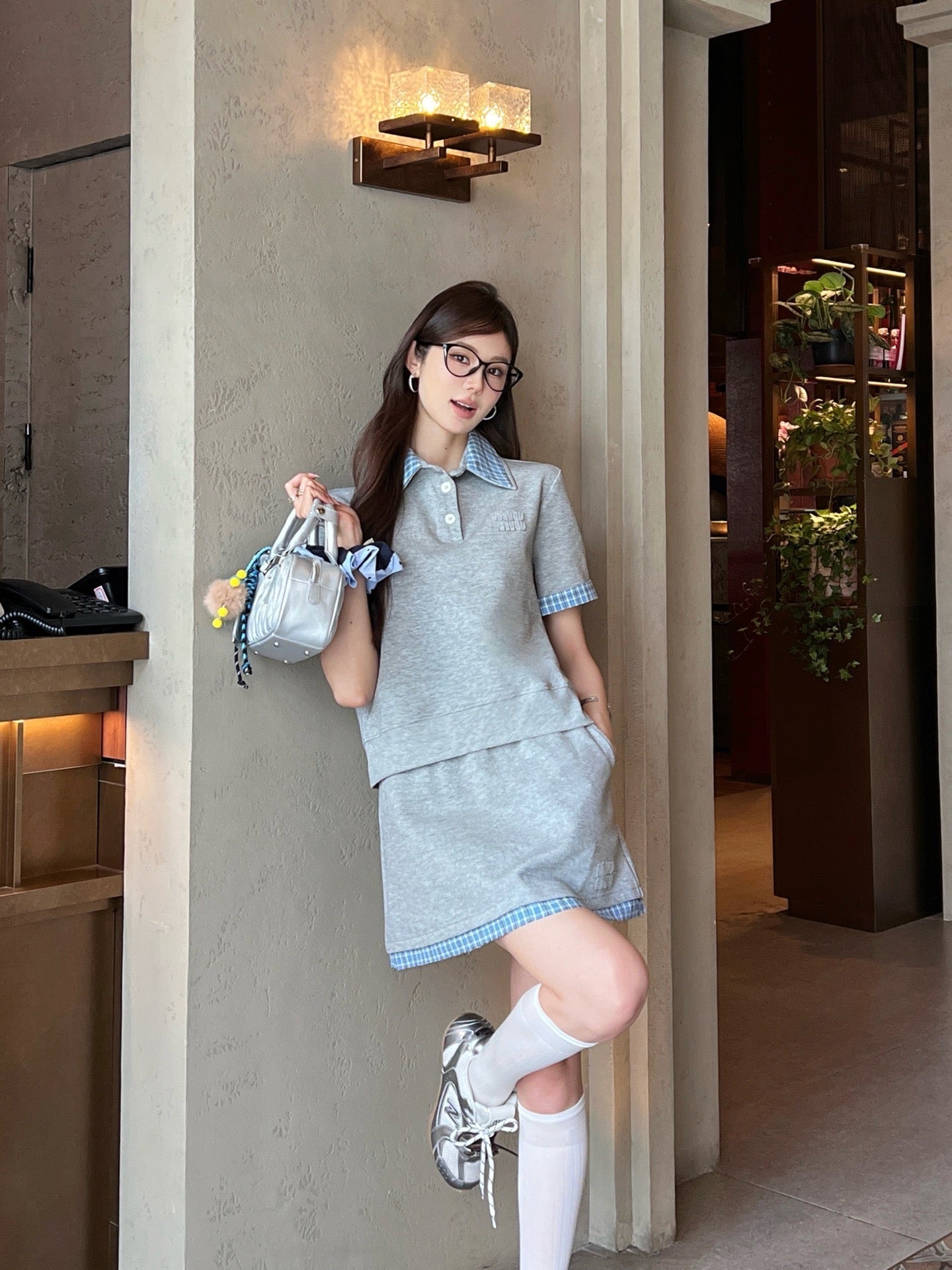 M*u 25ss Plaid lapel top + mini skirt suit