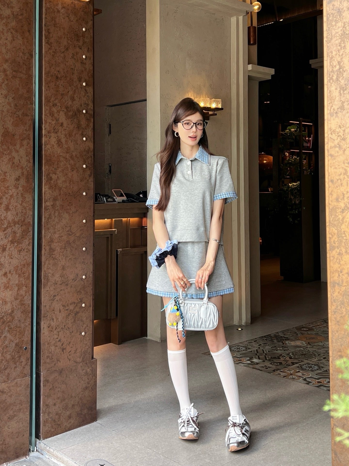 M*u 25ss Plaid lapel top + mini skirt suit