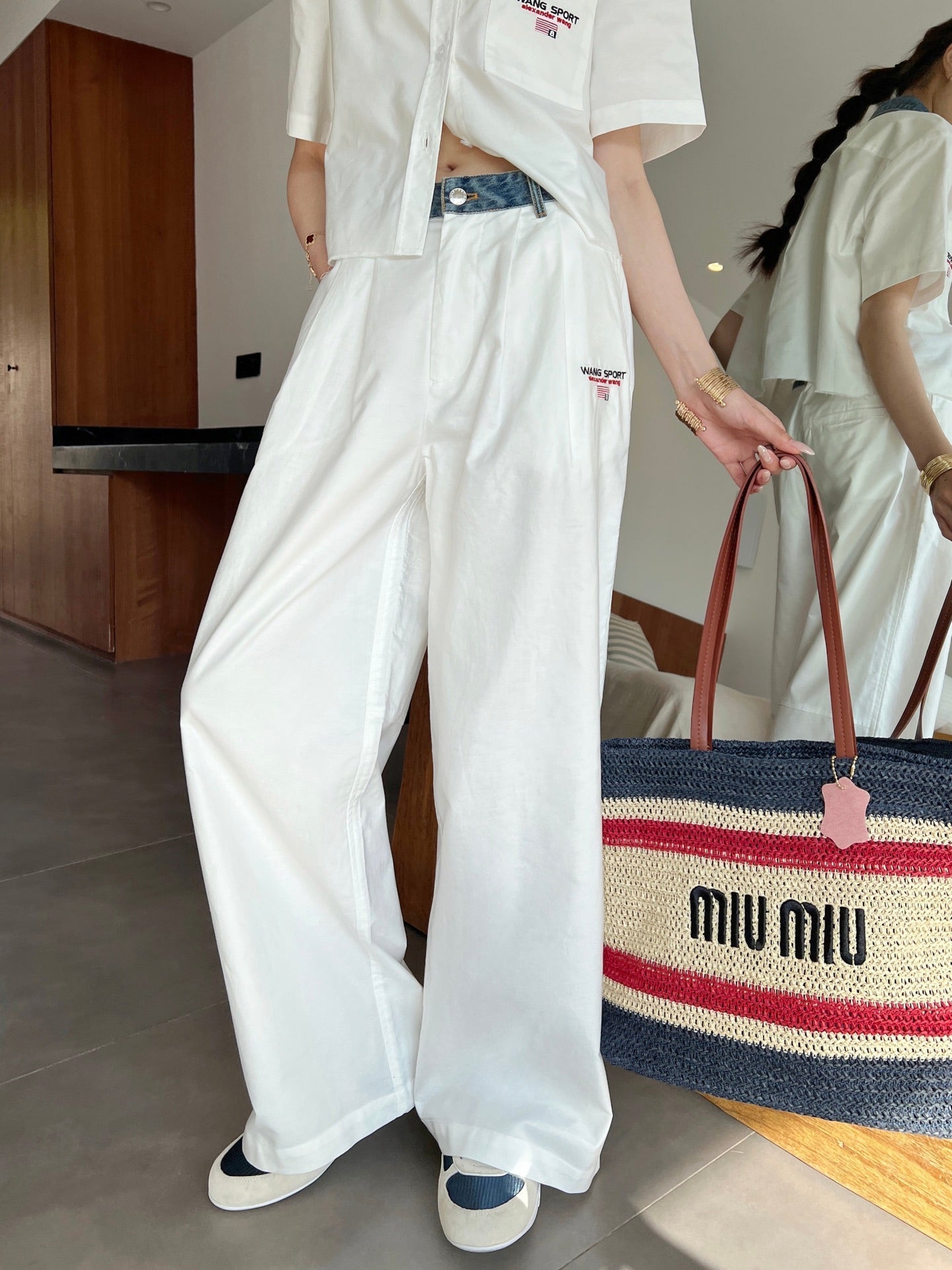 Wang* 25ss Denim waist panel wide-leg pants