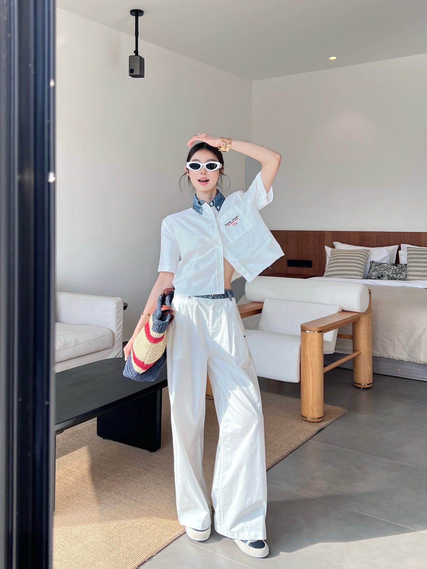 Wang* 25ss Denim waist panel wide-leg pants