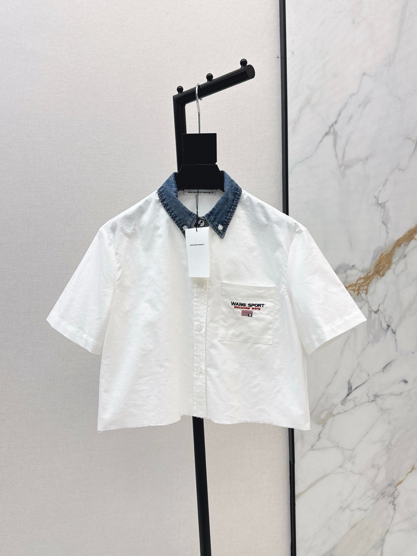 Wang* 25ss Denim patchwork cropped top