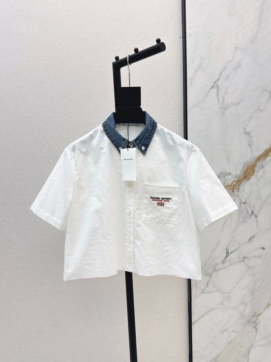 Wang* 25ss Denim patchwork cropped top