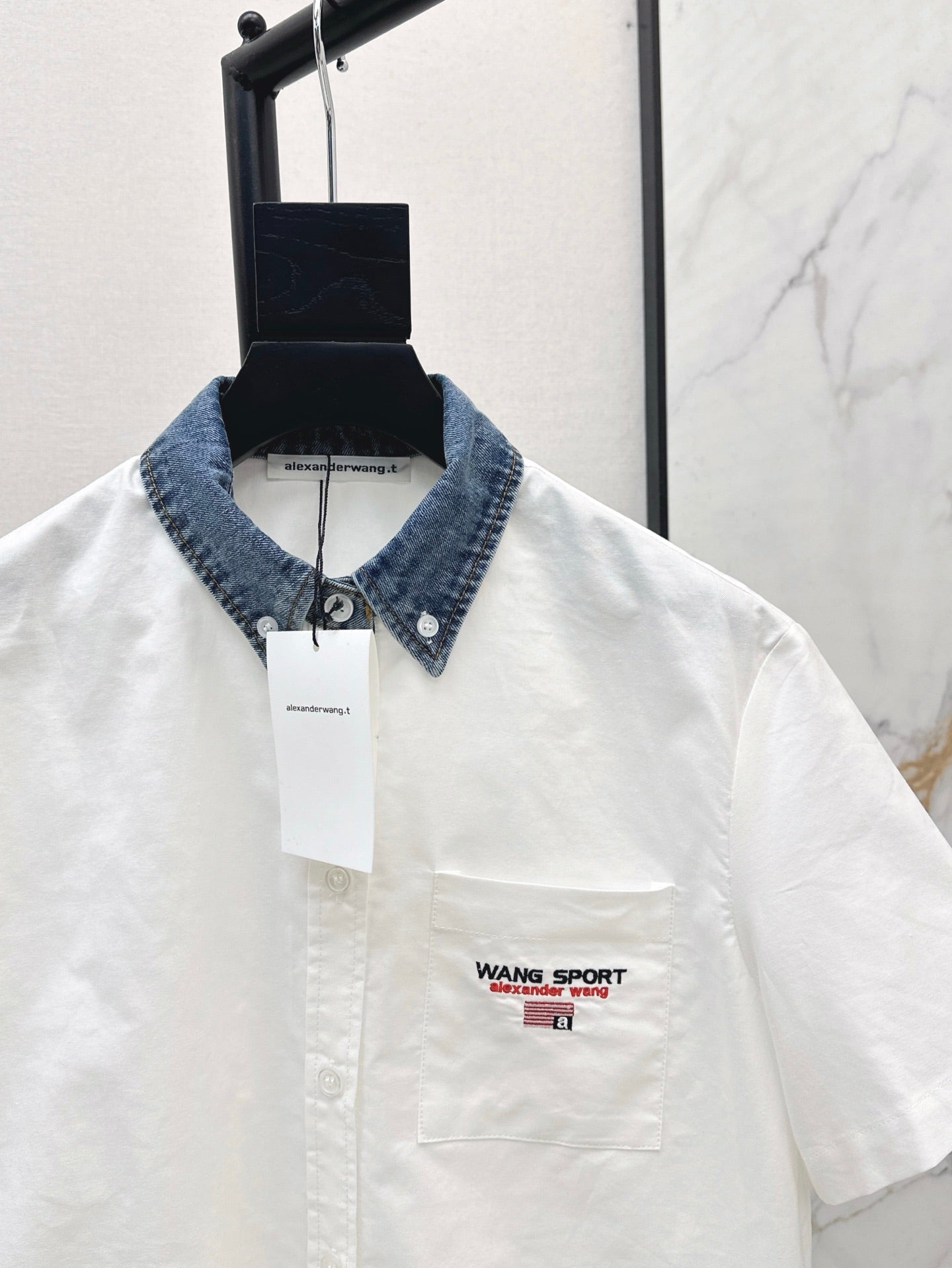 Wang* 25ss Denim patchwork cropped top