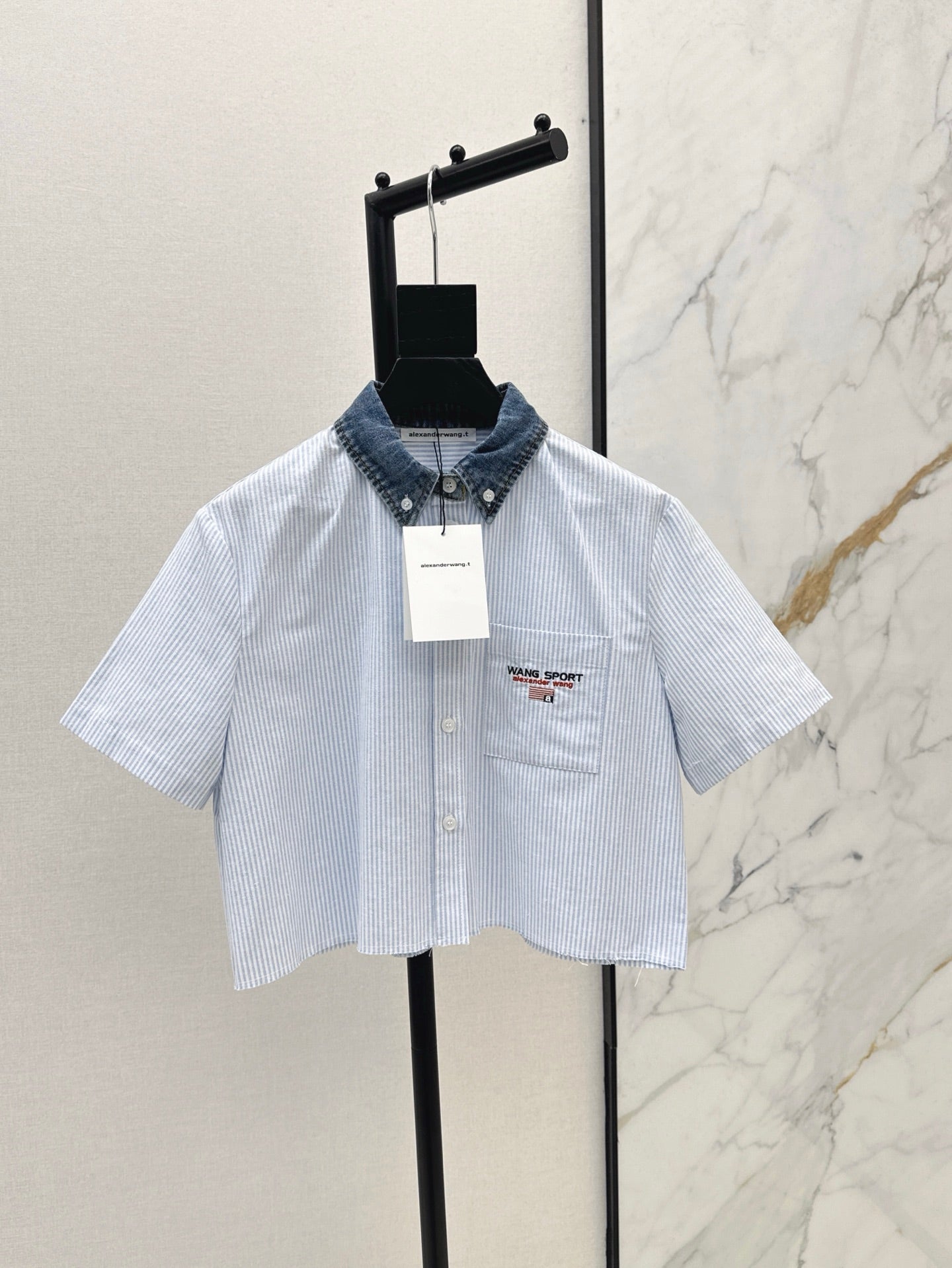 Wang* 25ss Denim patchwork cropped top