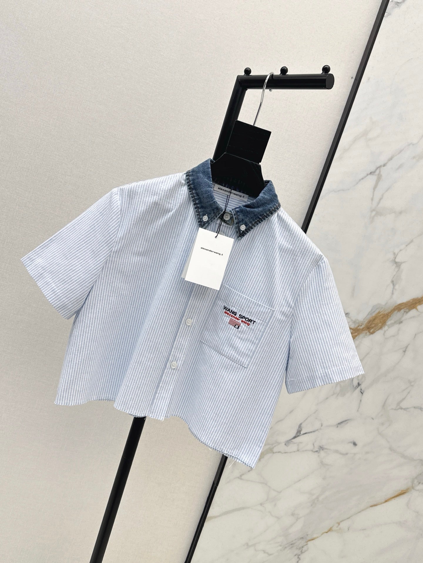 Wang* 25ss Denim patchwork cropped top