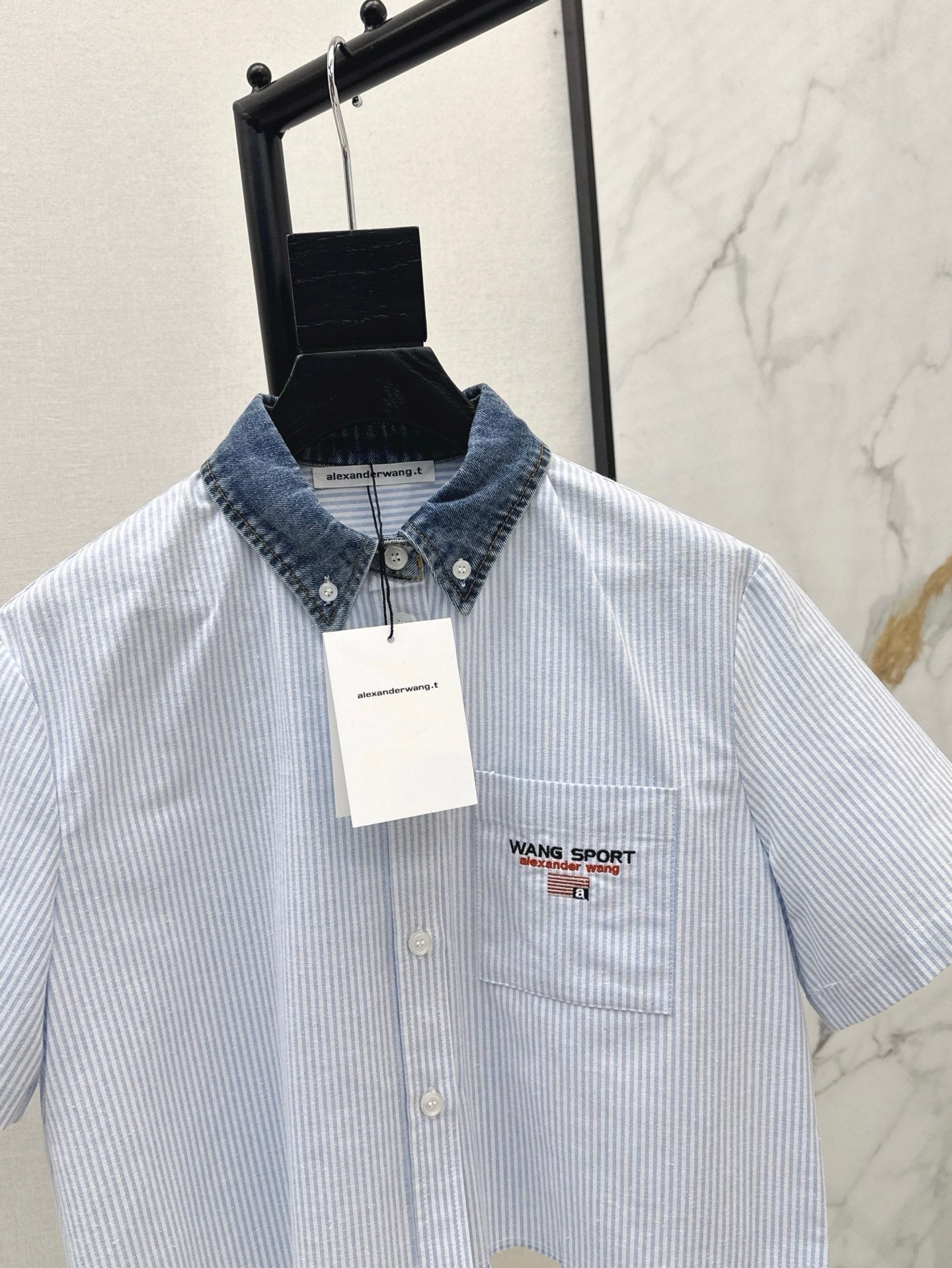 Wang* 25ss Denim patchwork cropped top