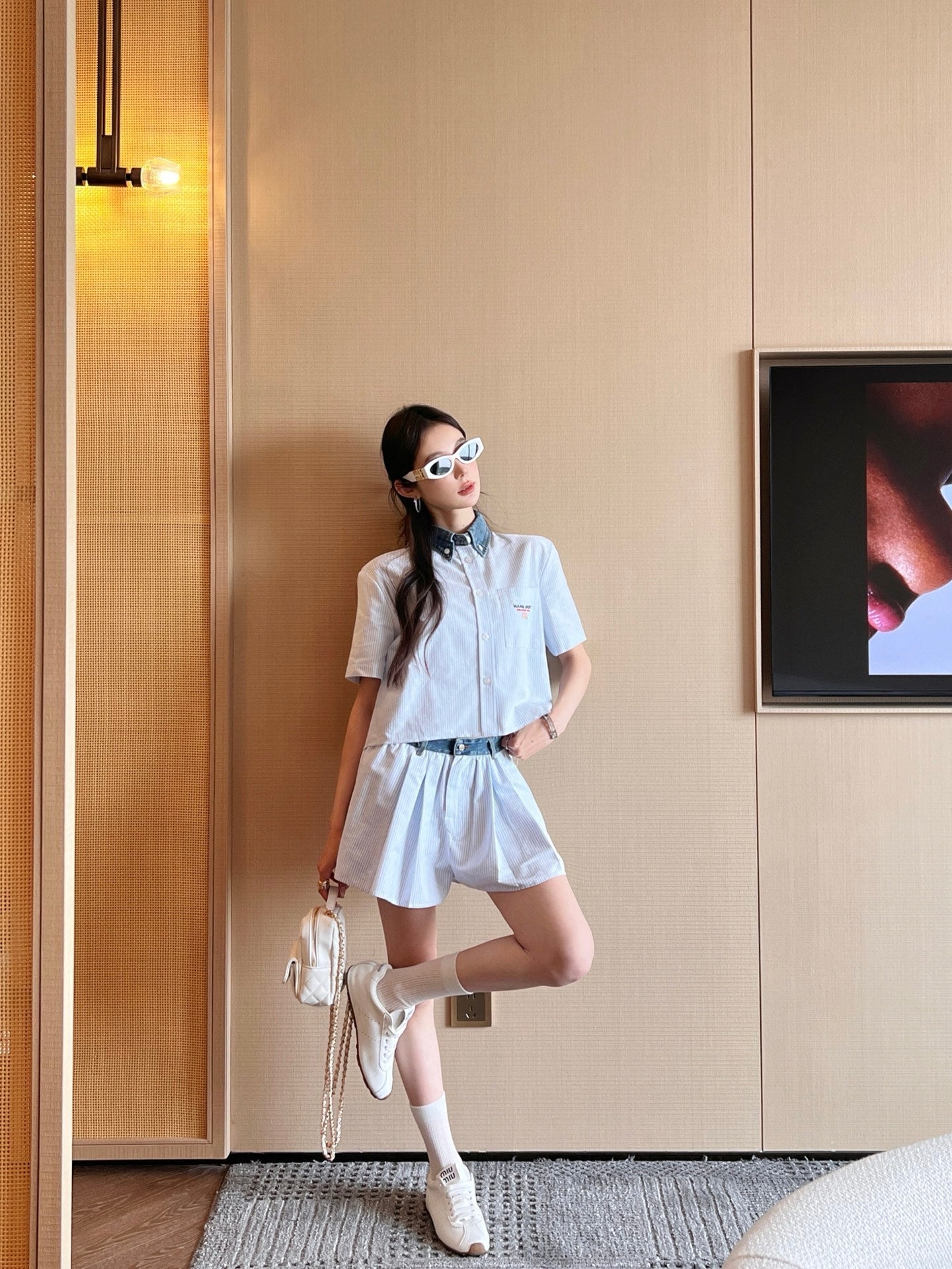 Wang* 25ss Denim patchwork cropped top