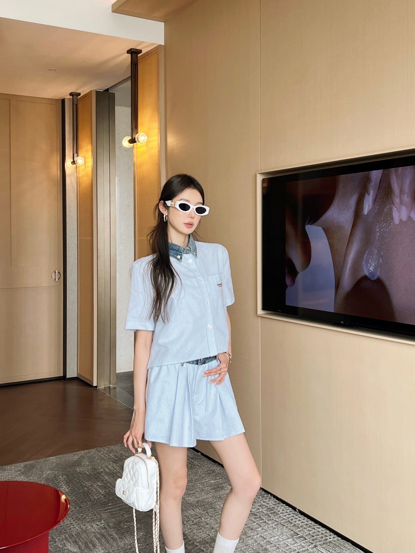 Wang* 25ss Denim patchwork cropped top