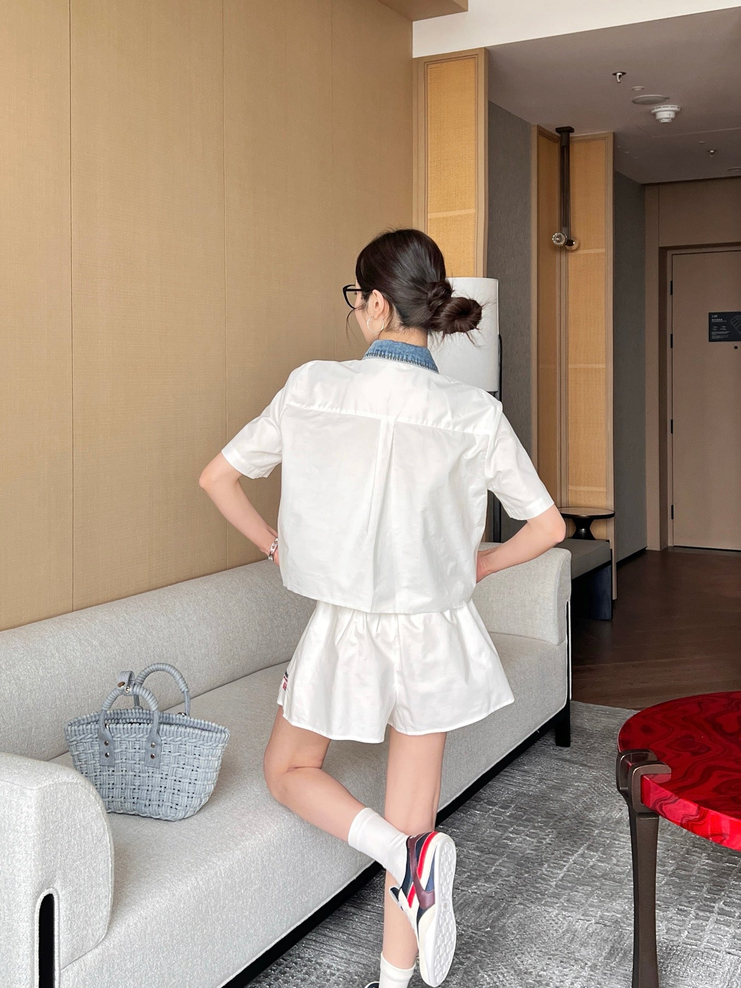 Wang* 25ss Denim patchwork cropped top