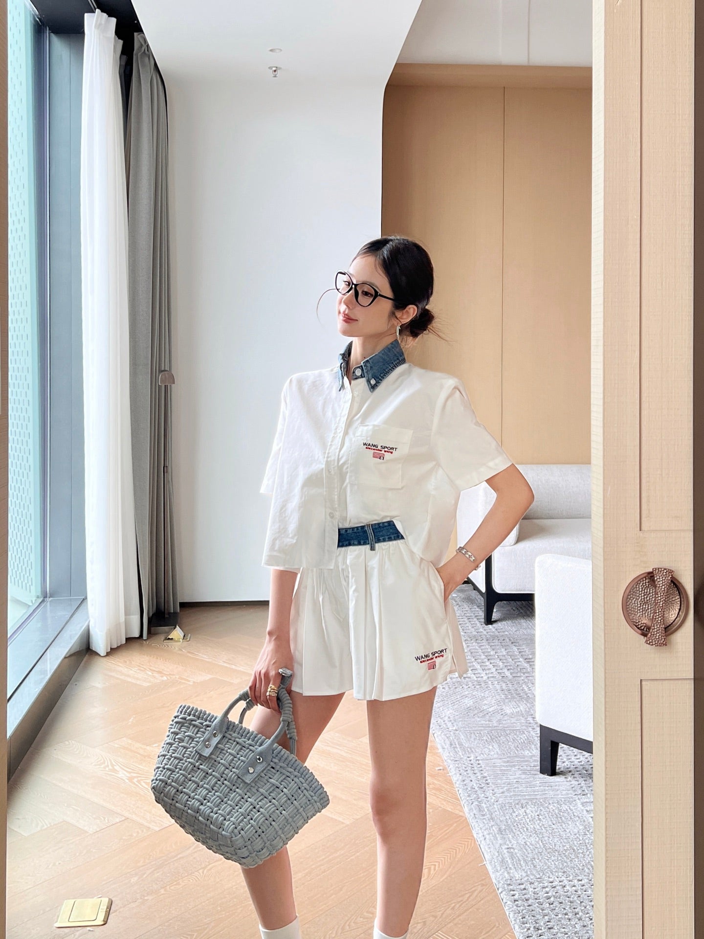 Wang* 25ss Denim patchwork cropped top