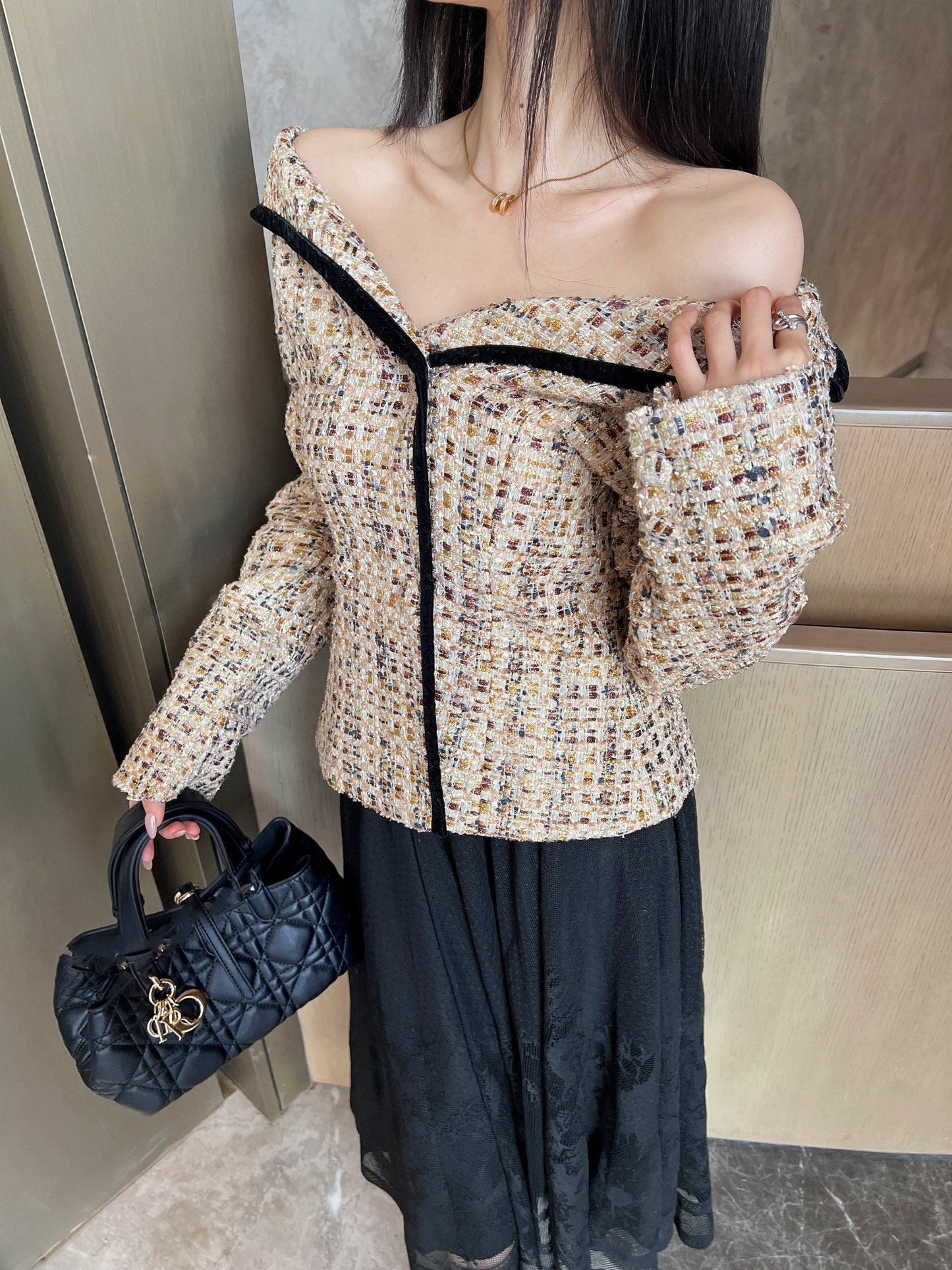 C*nel 25ss Boat neck woven tweed jacket