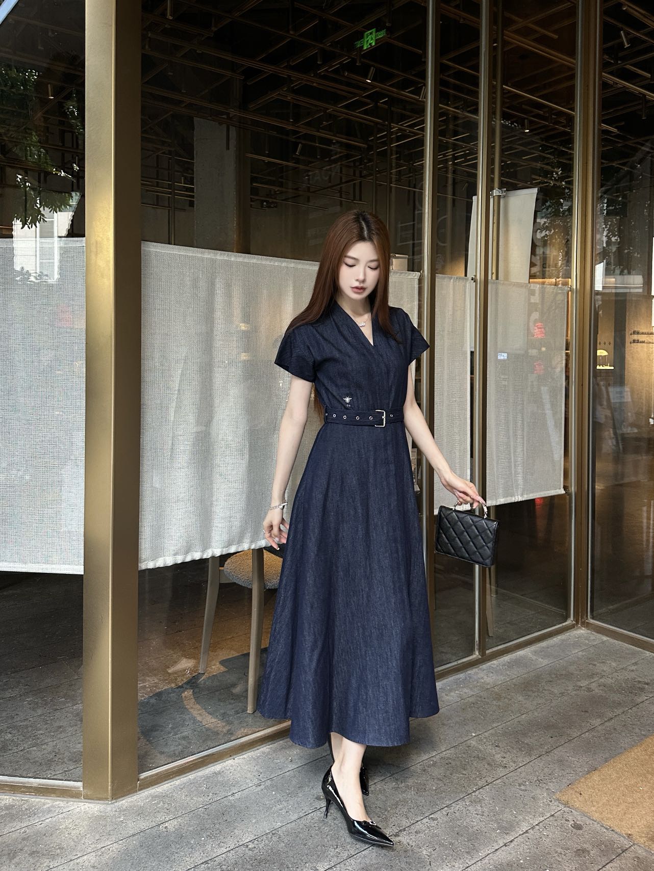 D*r 25ss flared denim midi dress with belt
