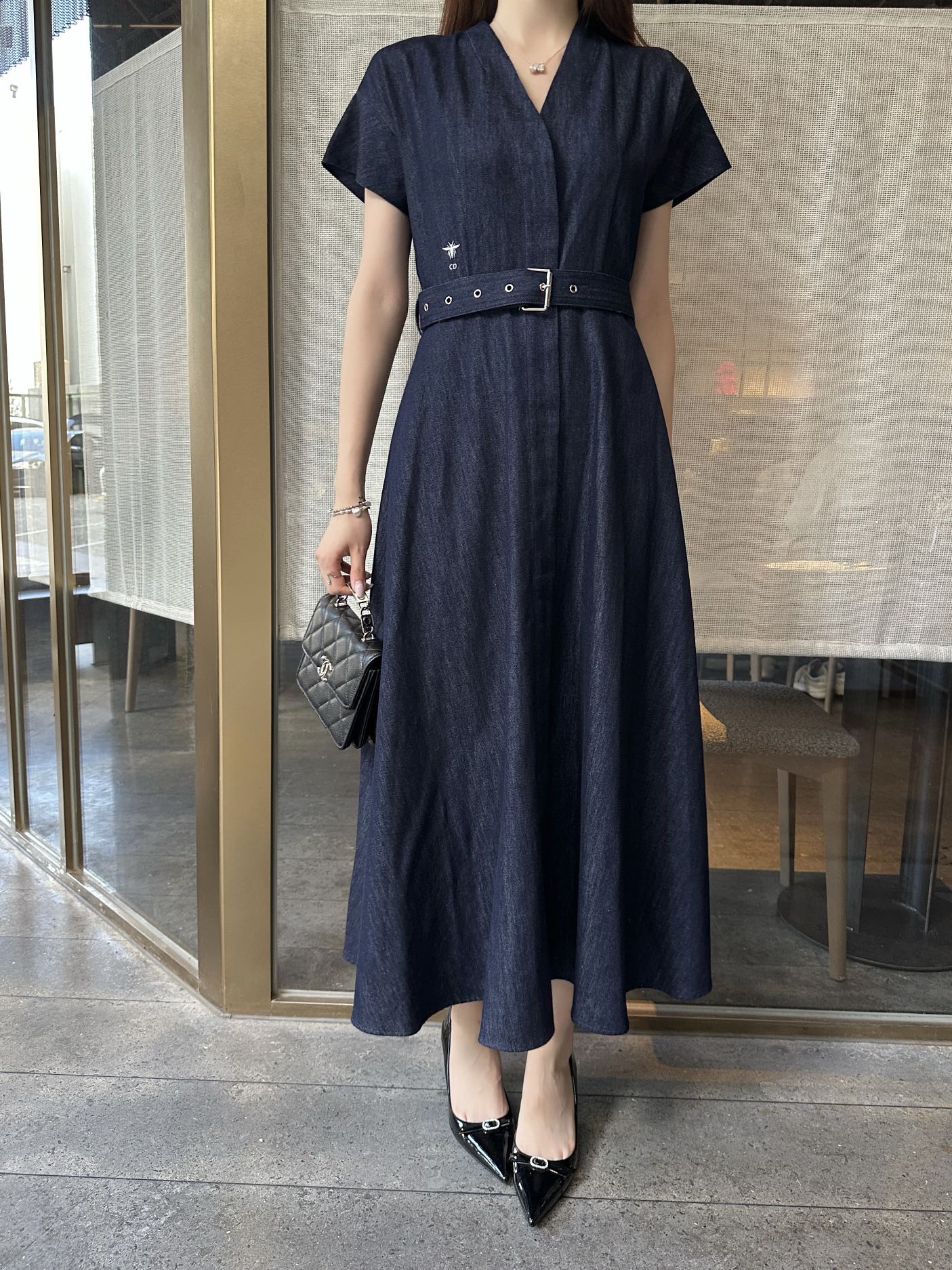 D*r 25ss flared denim midi dress with belt