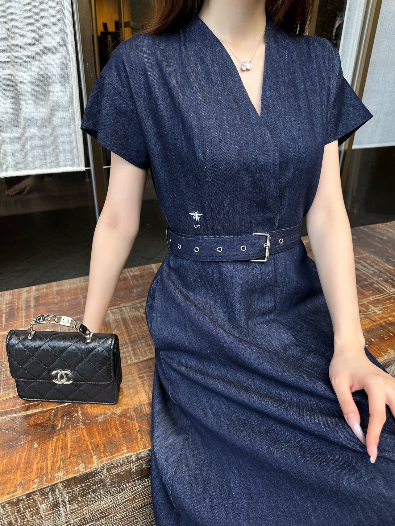 D*r 25ss flared denim midi dress with belt