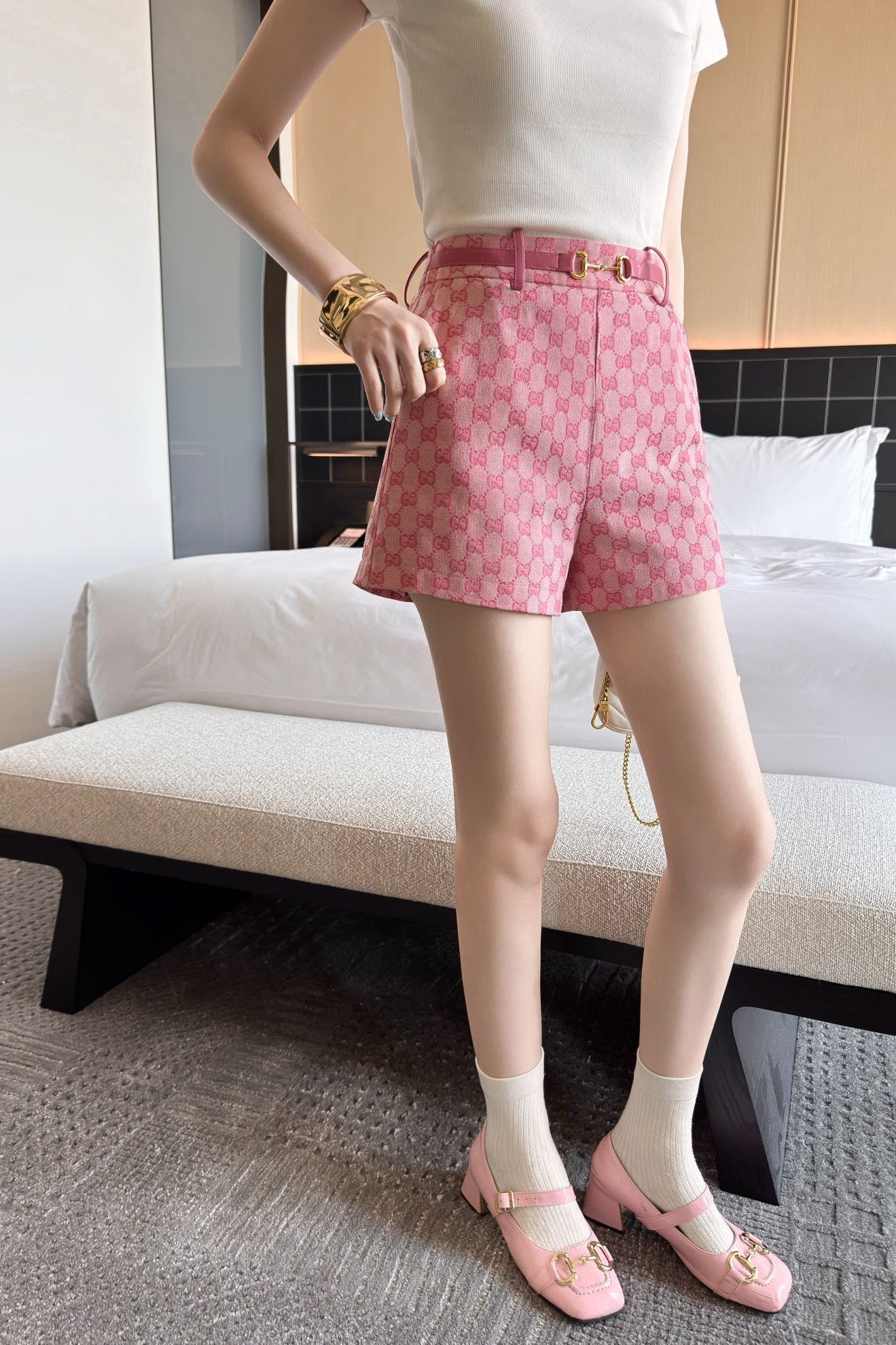 G*u 25ss GG jacquard horsebit shorts