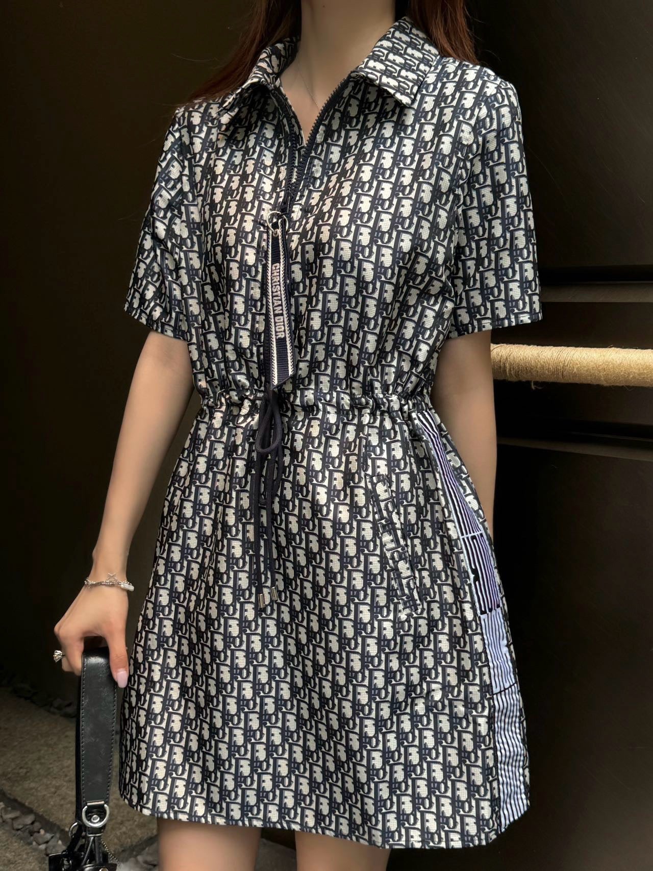 D*r 25ss jacquard technical taffeta drawstring dress