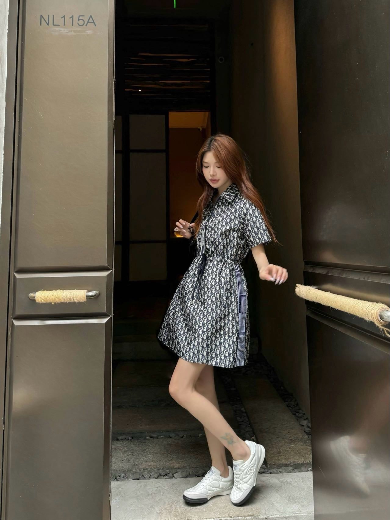 D*r 25ss jacquard technical taffeta drawstring dress