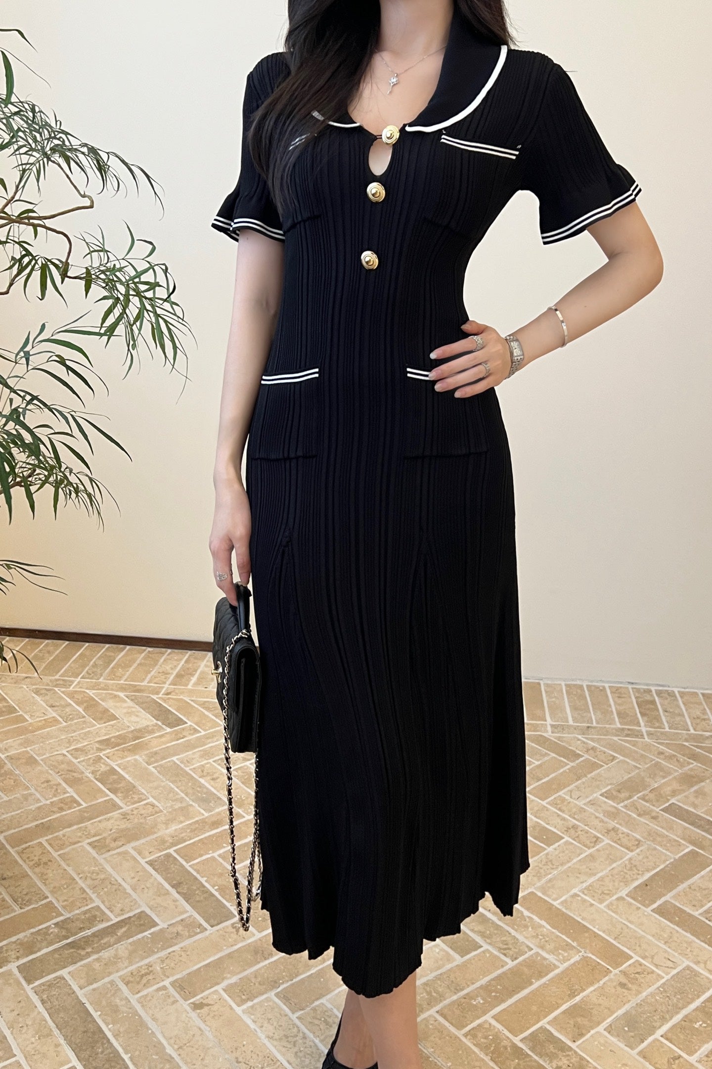 Balm* gold buttons long knit dress