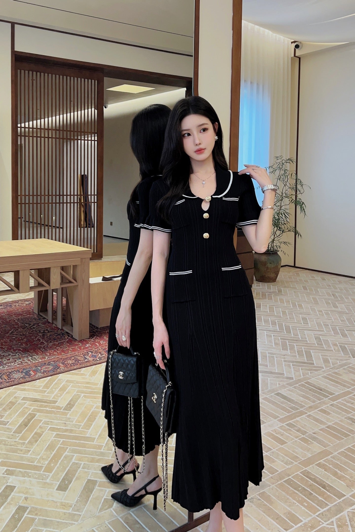 Balm* gold buttons long knit dress