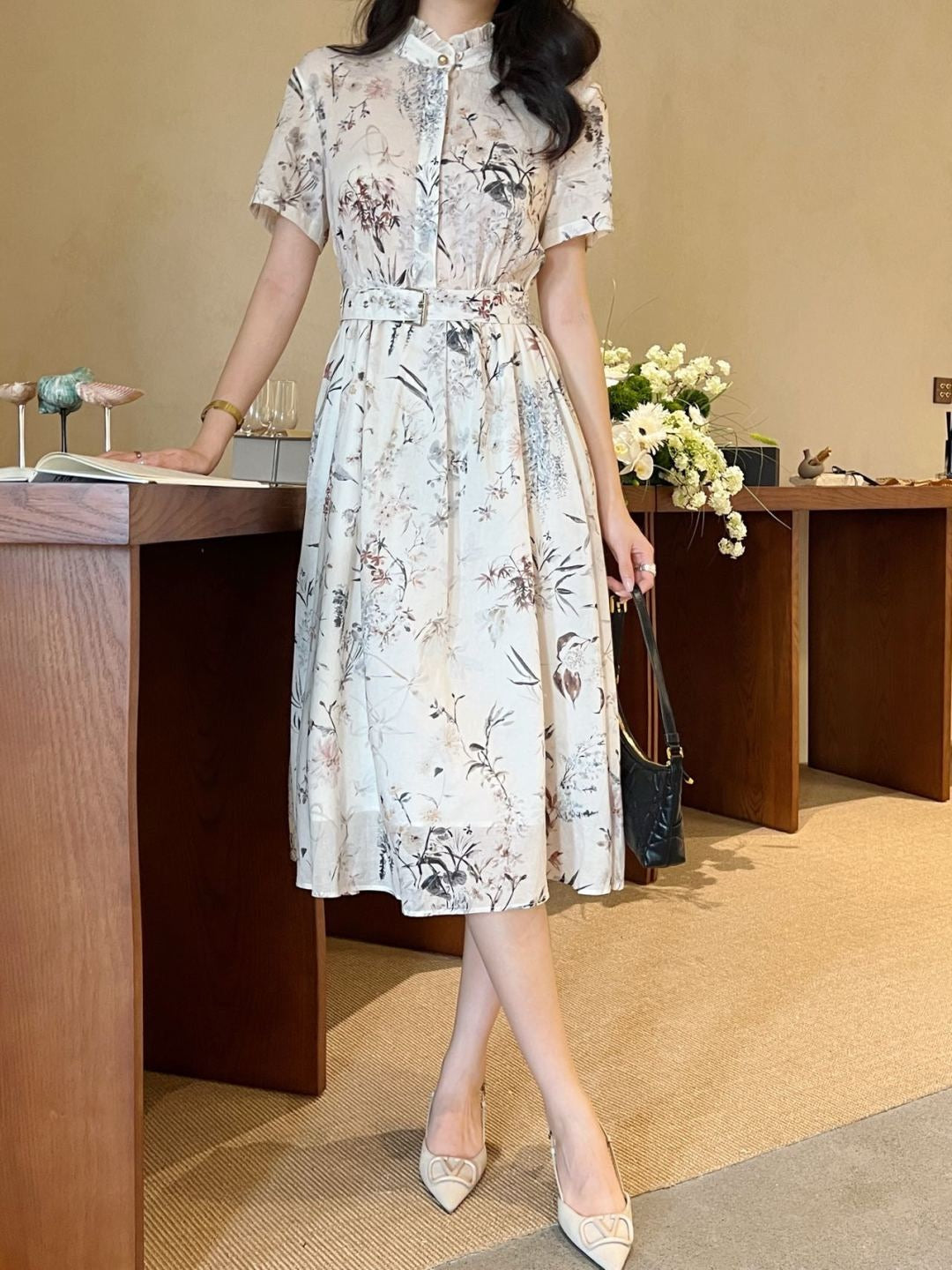 D*r 25ss mid-length print belted dress