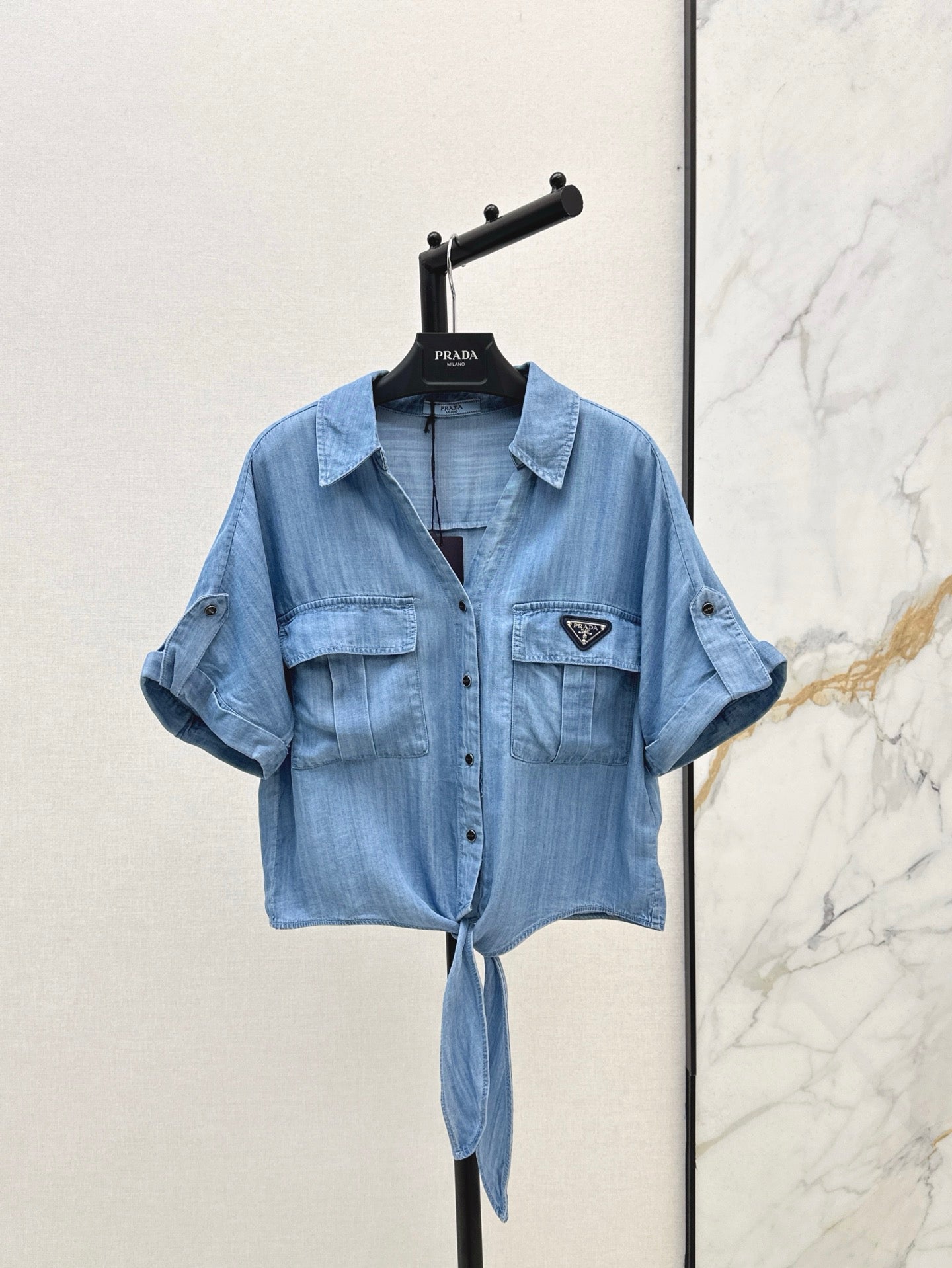 Pra* 25ss bow denim shirt