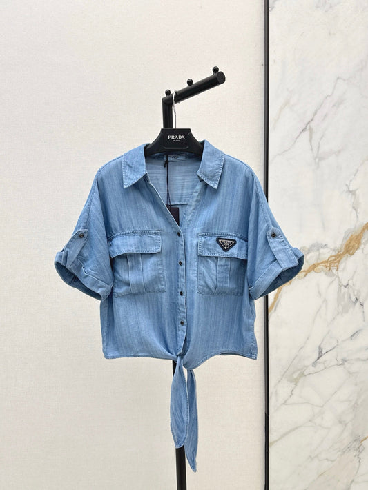 Pra* 25ss bow denim shirt