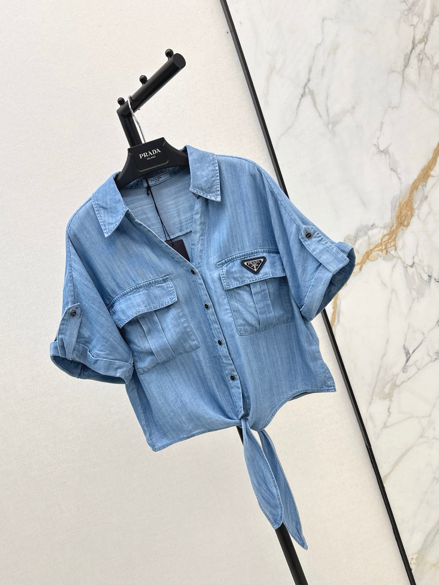 Pra* 25ss bow denim shirt