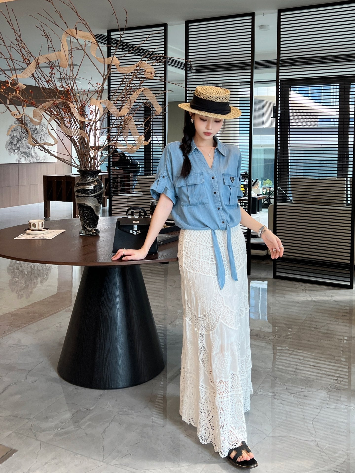 Pra* 25ss bow denim shirt