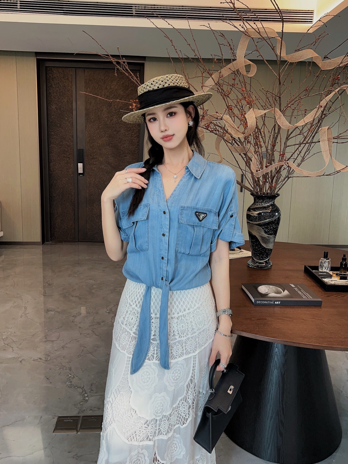 Pra* 25ss bow denim shirt