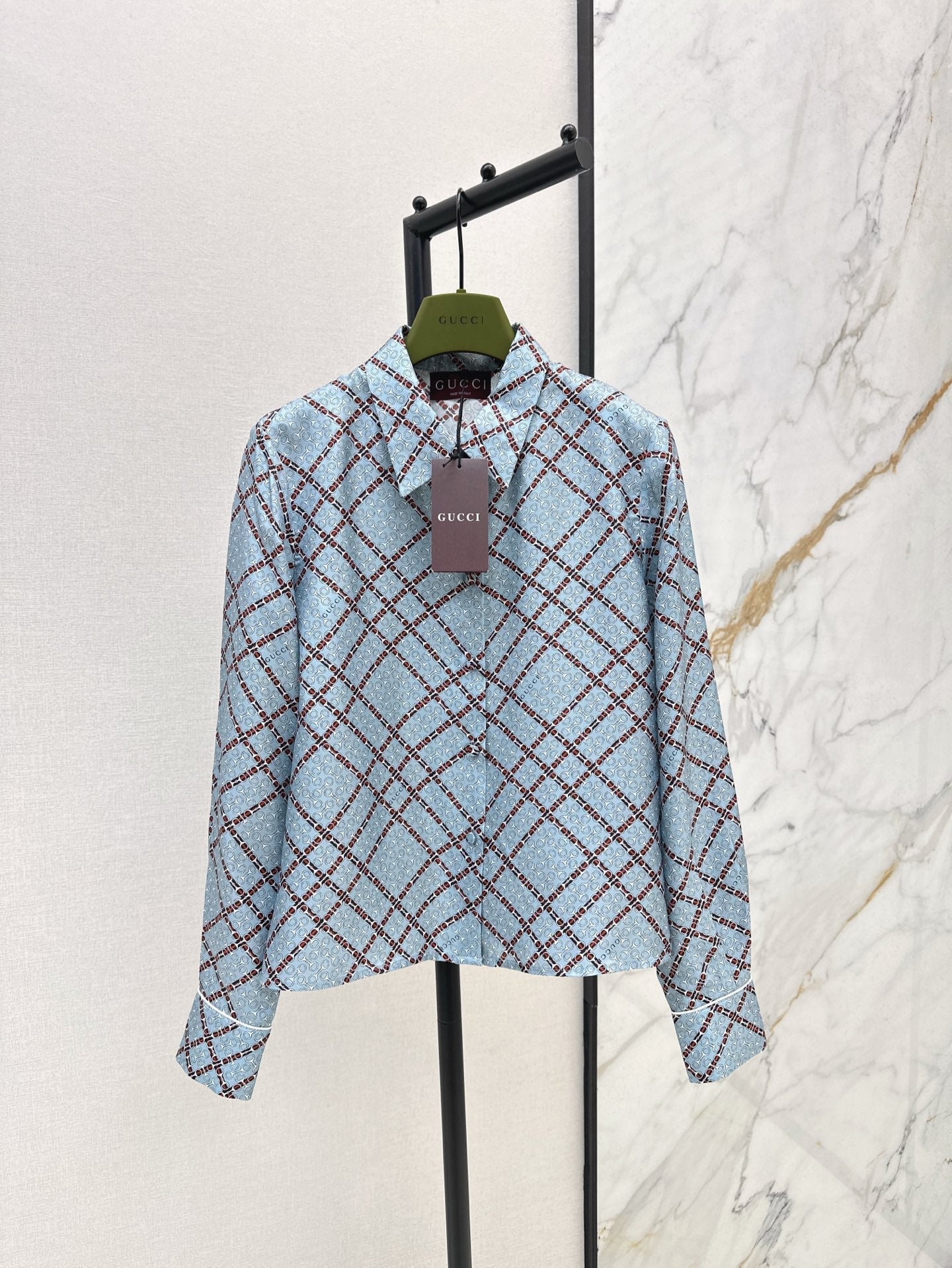 Gu* 25ss printed twill silk shirt