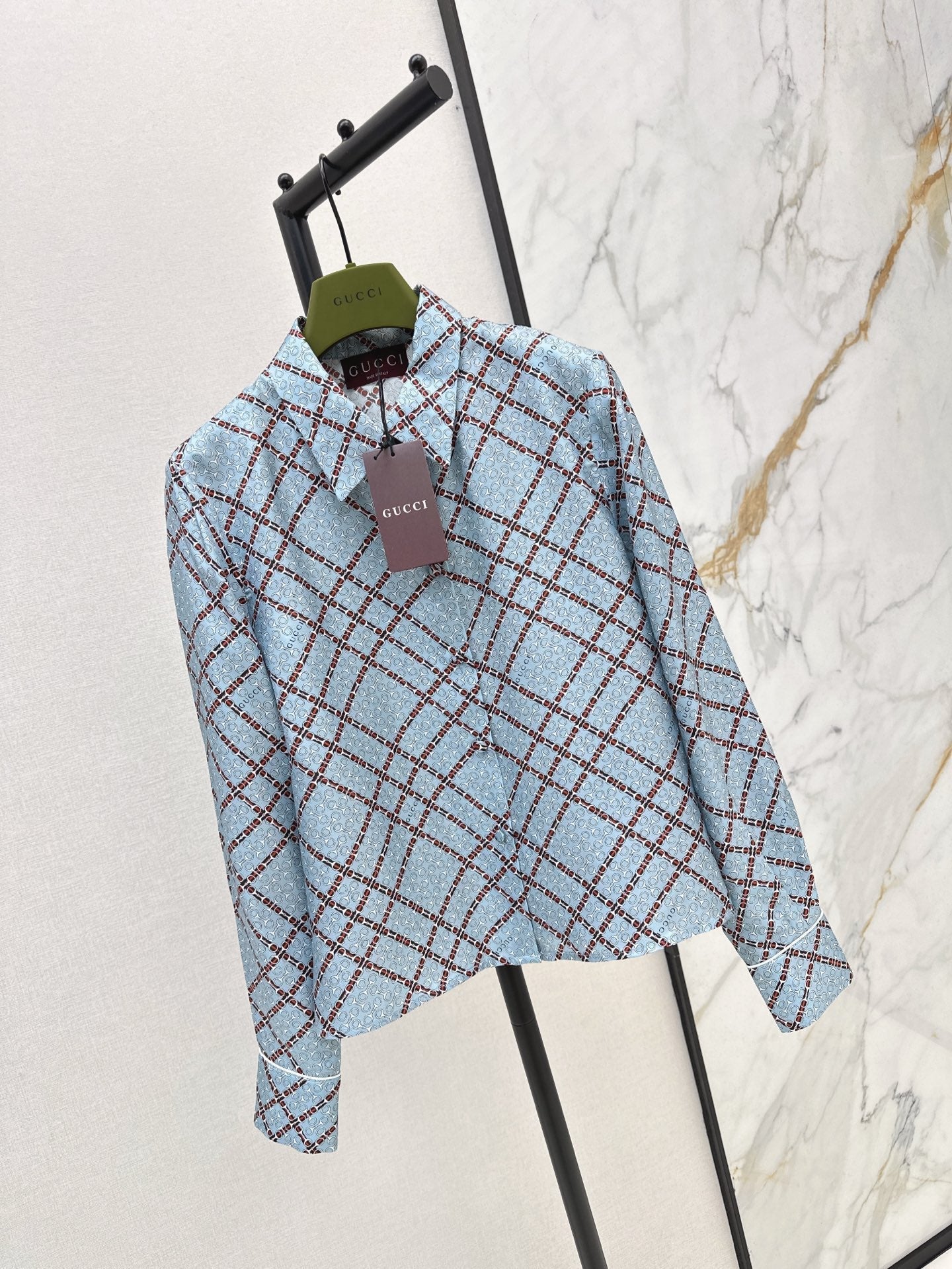 Gu* 25ss printed twill silk shirt