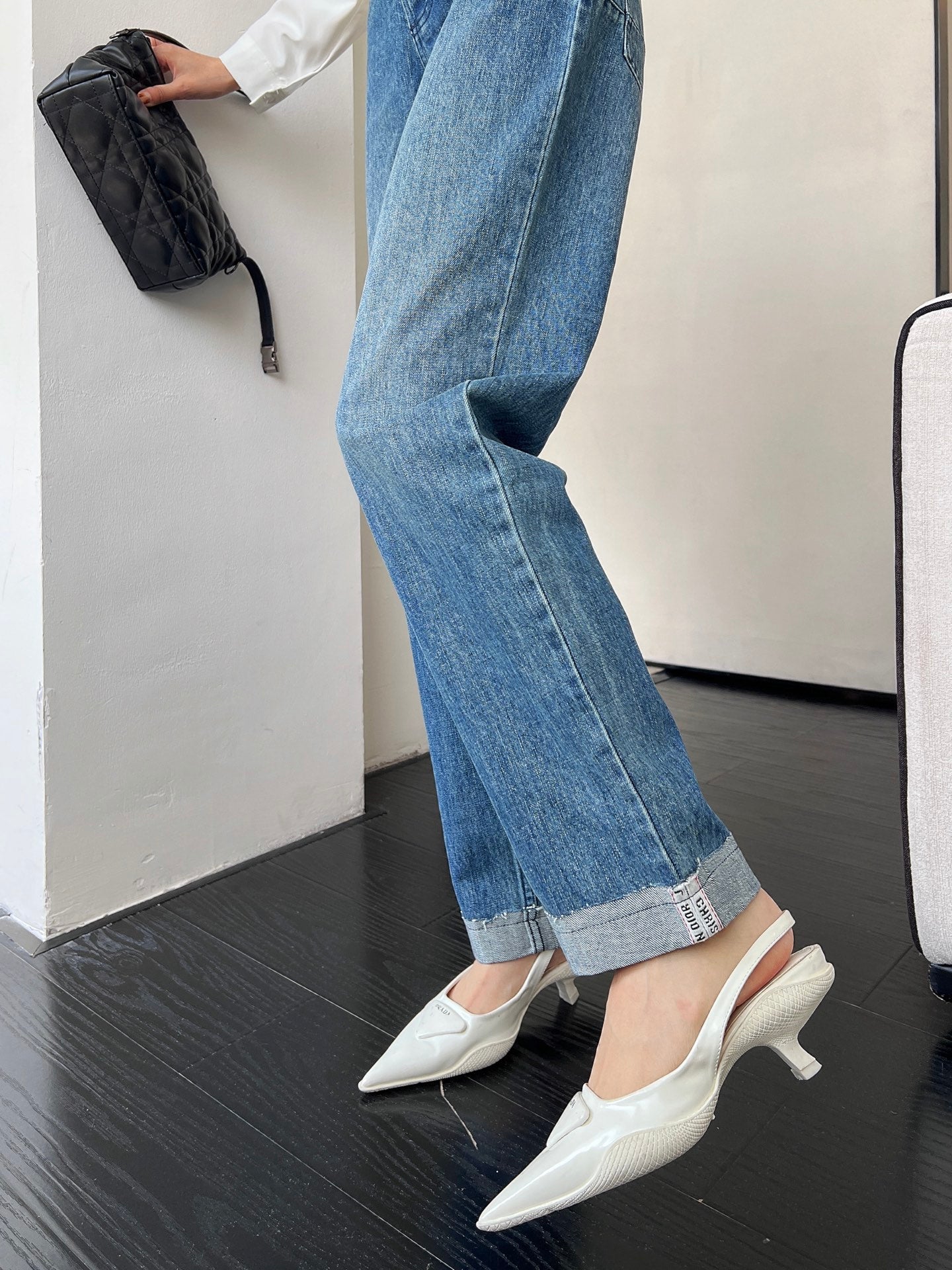 D*r 25ss check ribbon-covered denim pants