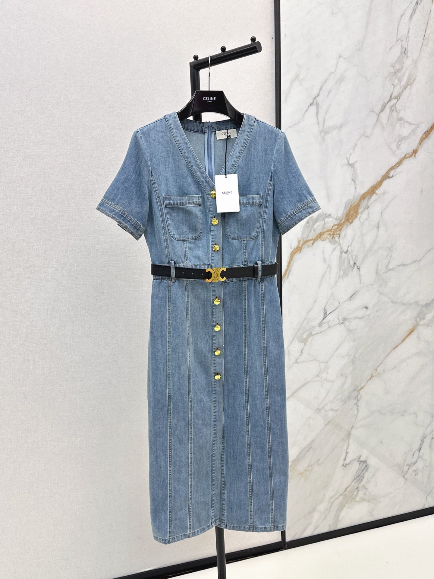 Cel* 25ss V neck belted denim dress
