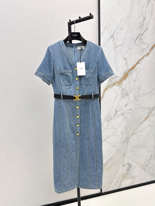 Cel* 25ss V neck belted denim dress