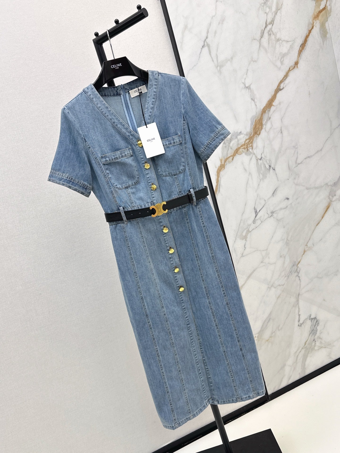 Cel* 25ss V neck belted denim dress