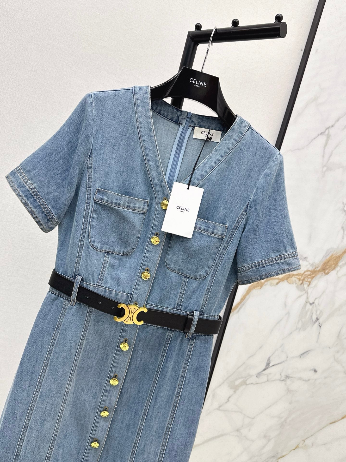 Cel* 25ss V neck belted denim dress