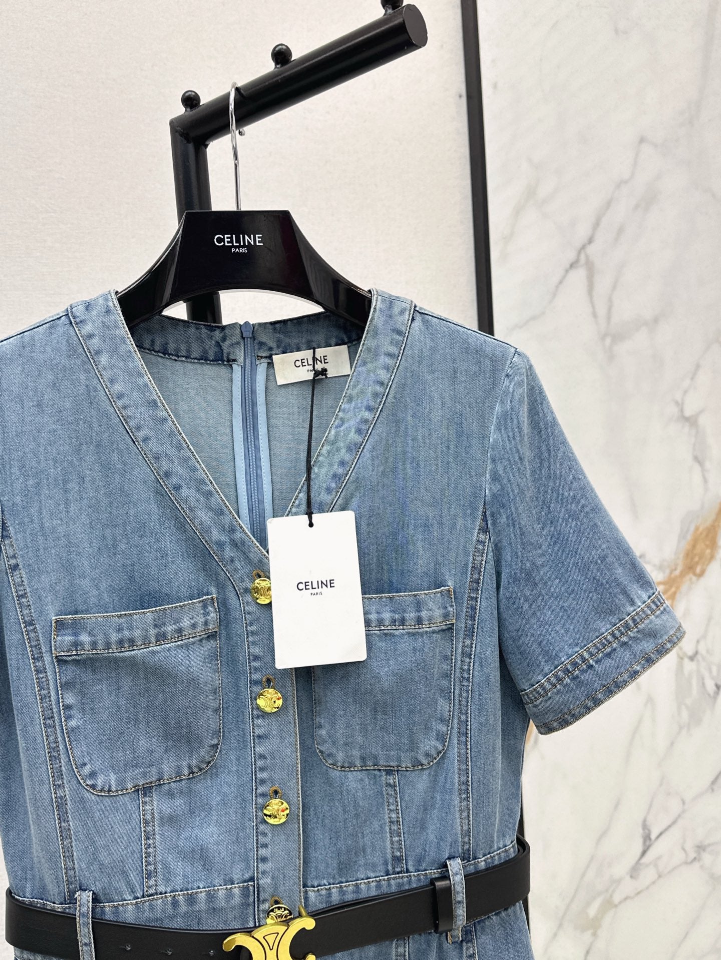 Cel* 25ss V neck belted denim dress