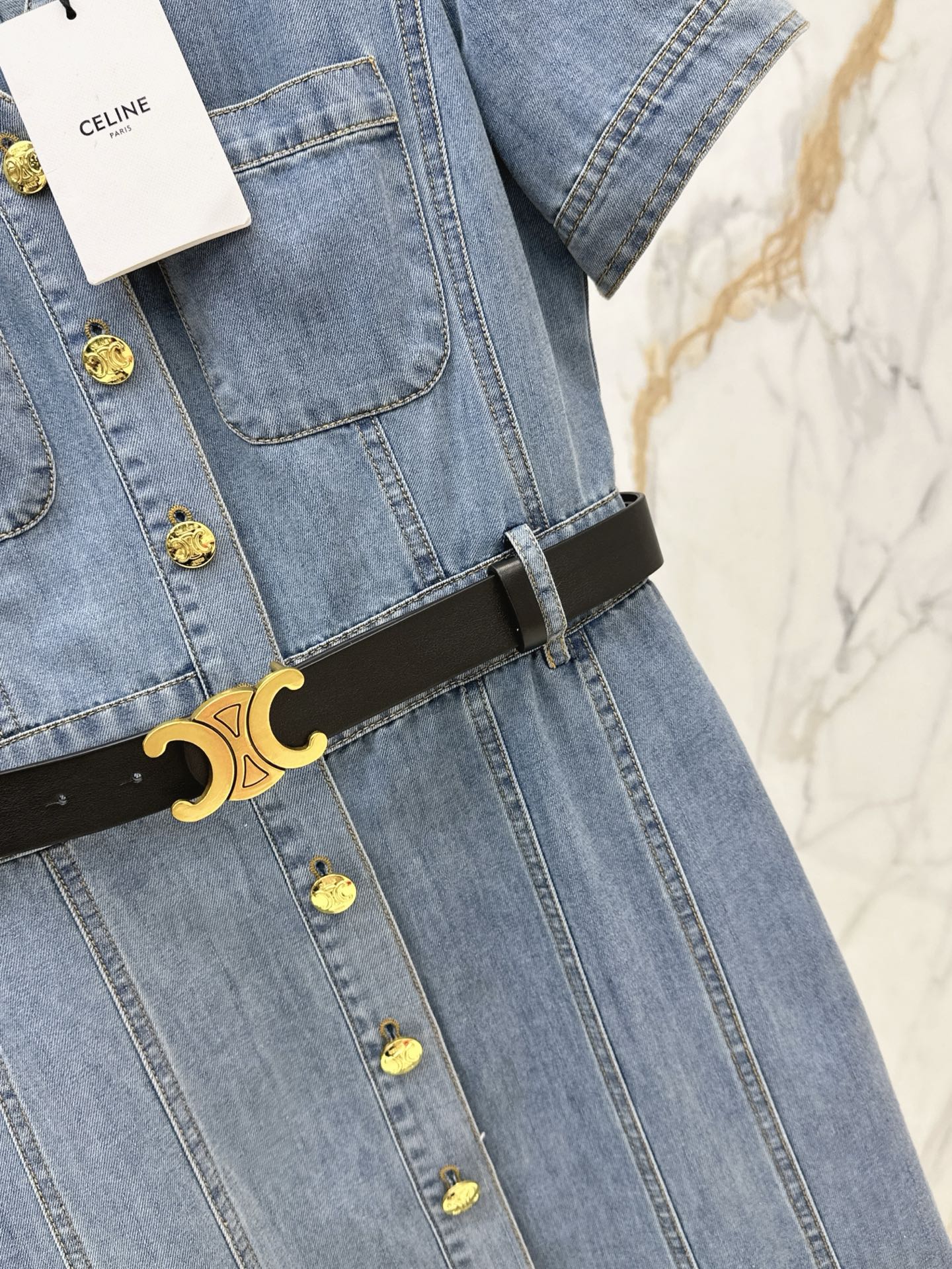 Cel* 25ss V neck belted denim dress